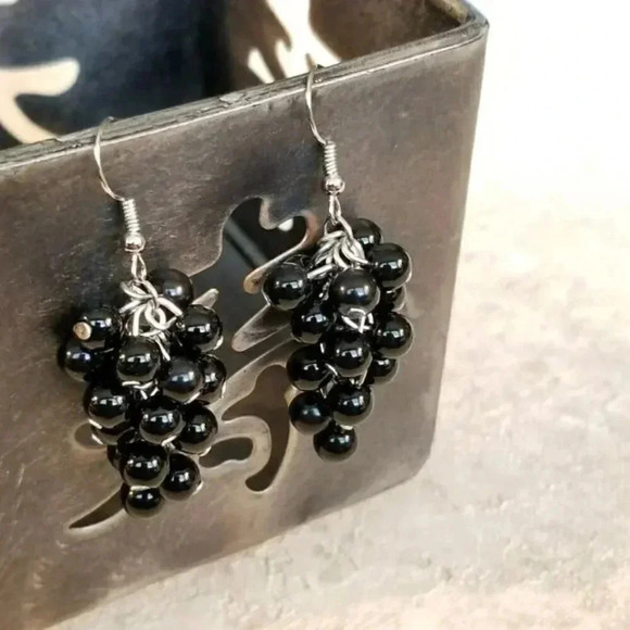 Black Glass Pearl Grape Cluster Handmade Dangle Earrings - Picture 1 of 1